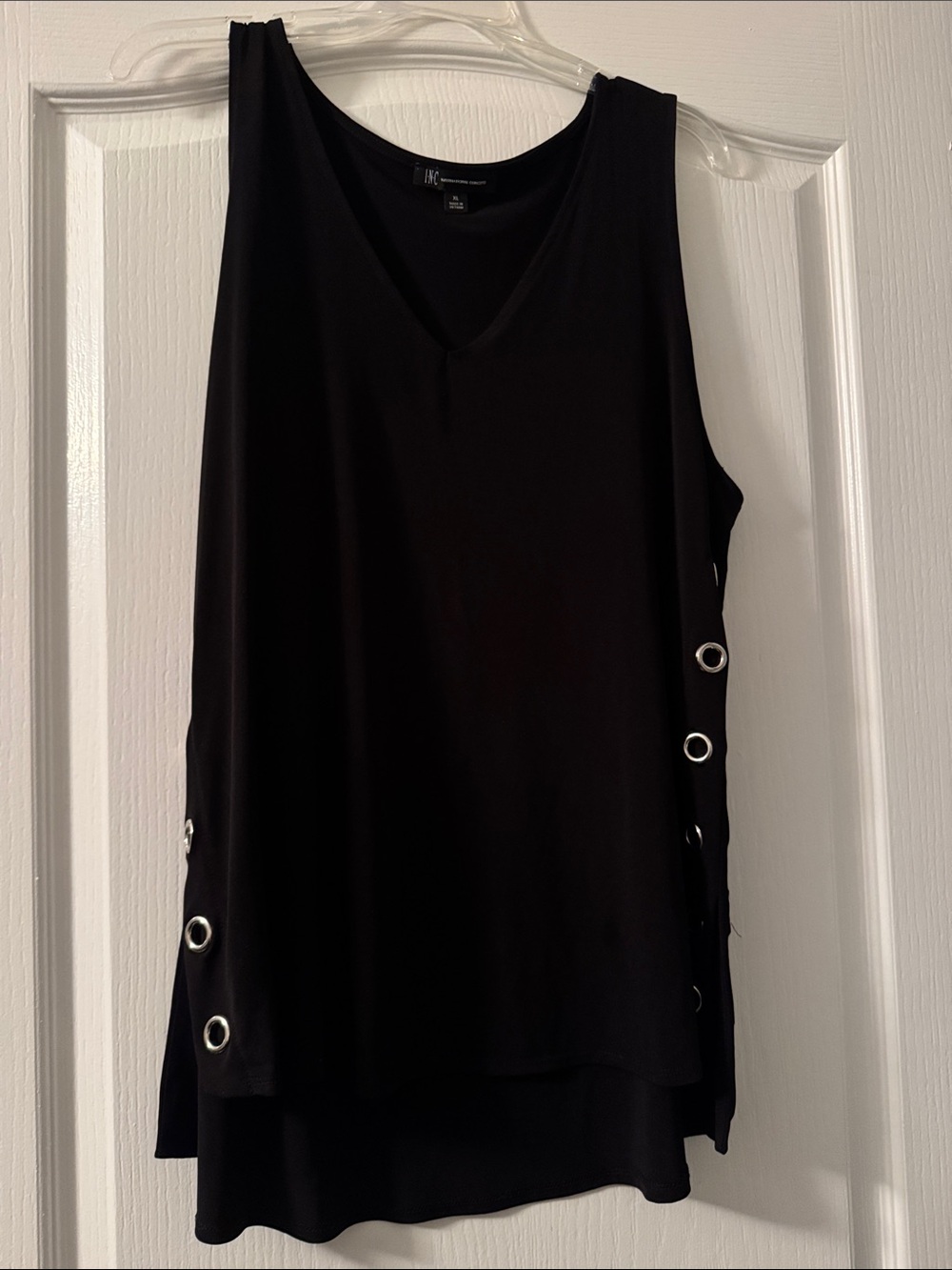 INC International Concepts Black V-Neck Tank with Silver Eyelet Side Detail